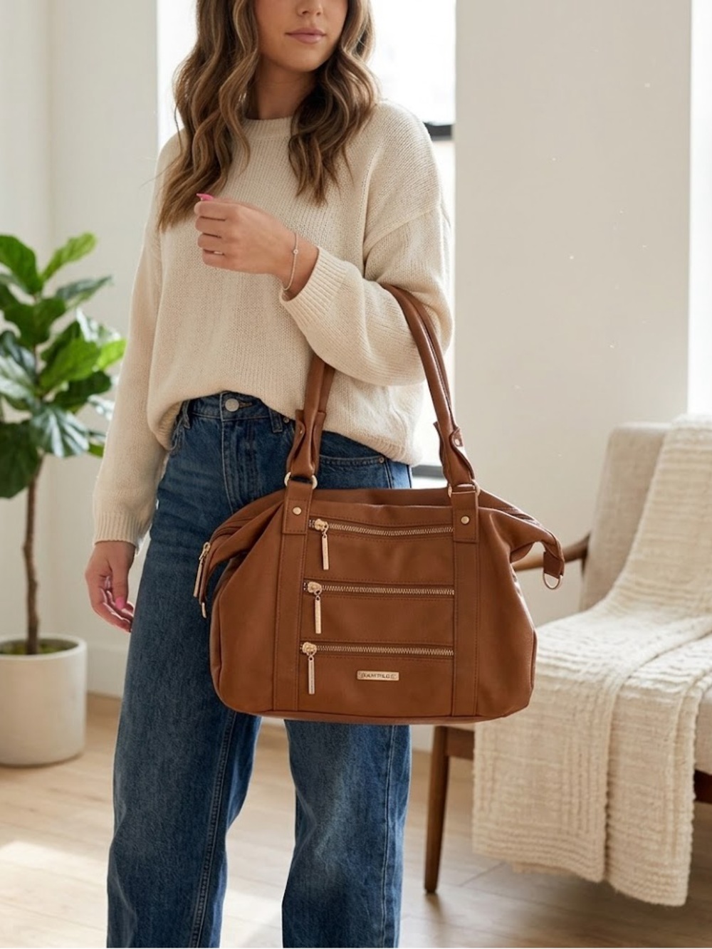 Rampage Tote Bag Faux Leather Camel Brown